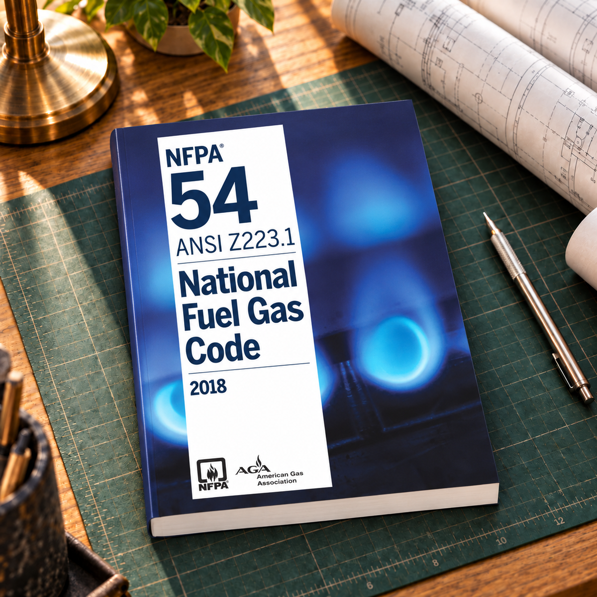 2018 NFPA 54 / ANSI Z223.1 National Fuel Gas Code – Softbound shown on an office drafting desk with a matching cover-colored binding.