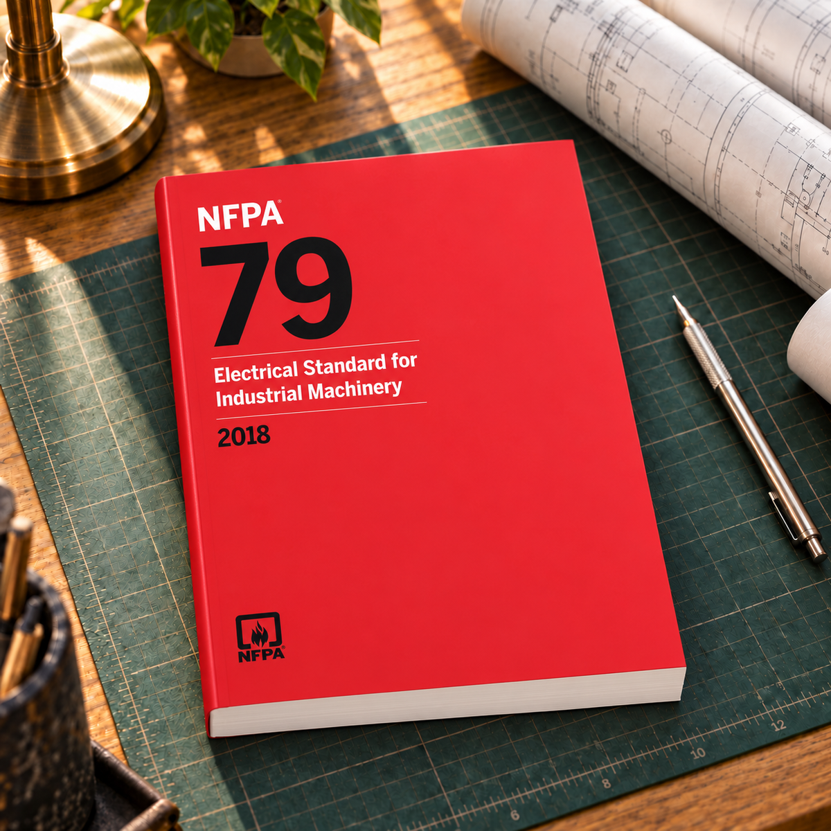 2018 NFPA 79 Electrical Standard for Industrial Machinery – Softbound shown on an office drafting desk with a matching cover-colored binding.