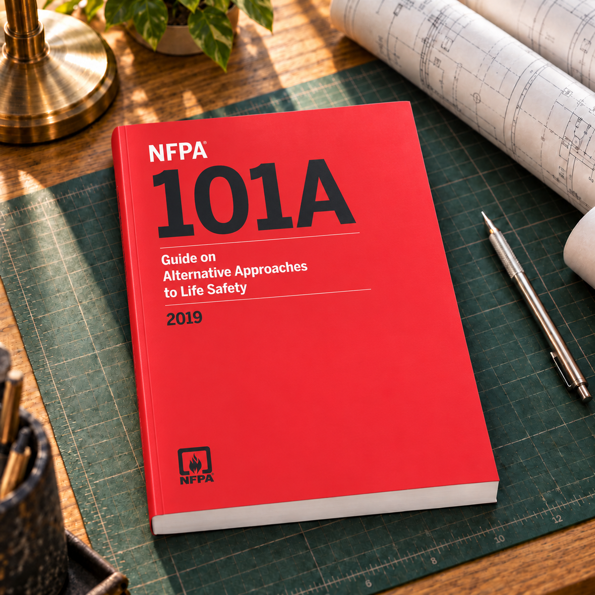 2019 NFPA 101A Guide on Alternative Approaches to Life Safety – Softbound shown on an office drafting desk with a matching cover-colored binding.