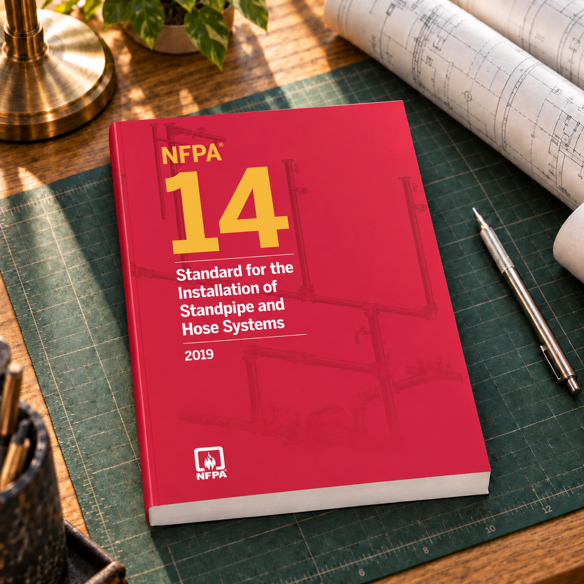 2019 NFPA 14 Standard for the Installation of Standpipe and Hose Systems – Softbound shown on an office drafting desk with a matching cover-colored binding.