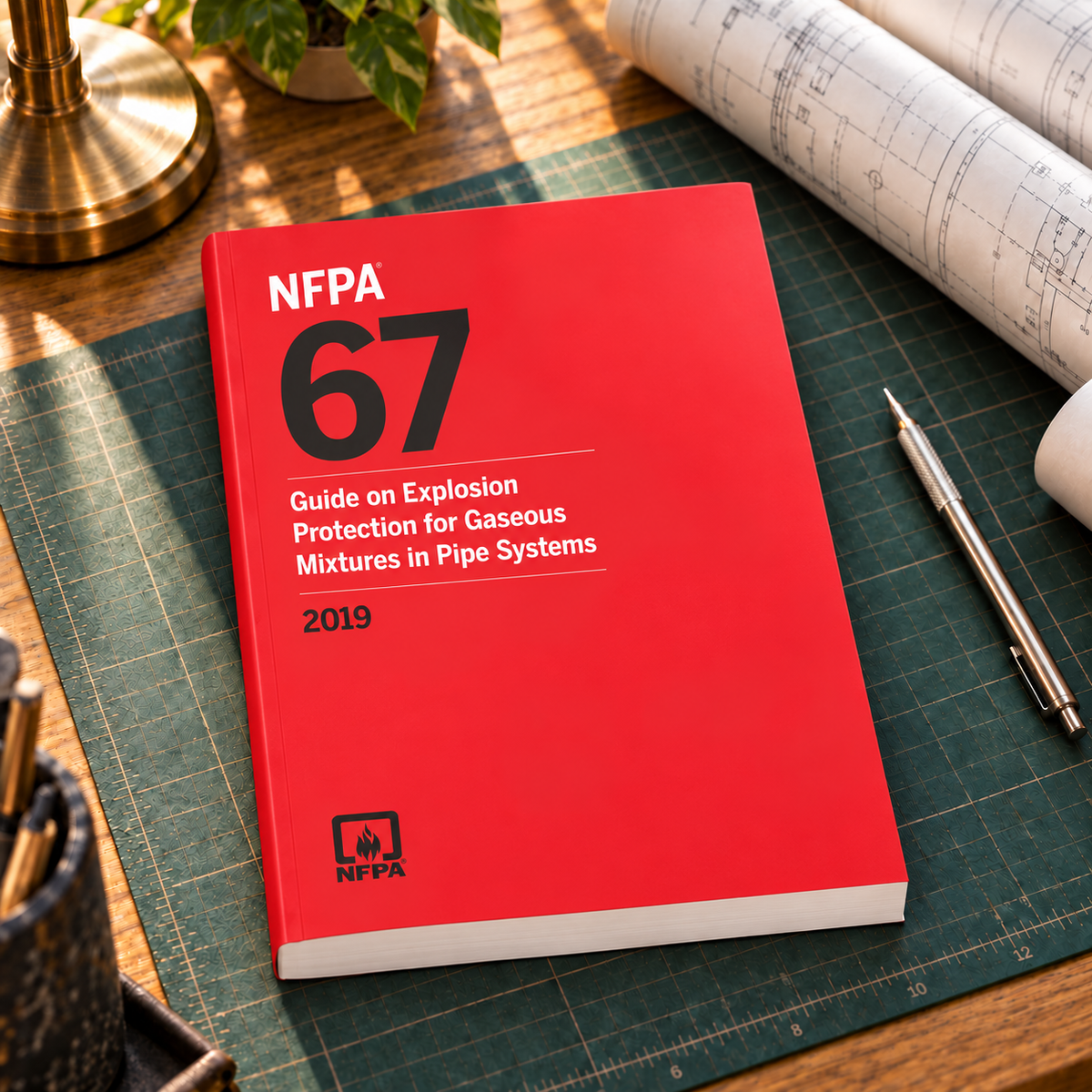 2019 NFPA 67 Guide on Explosion Protection for Gaseous Mixtures in Pipe Systems – Softbound shown on an office drafting desk with a matching cover-colored binding.