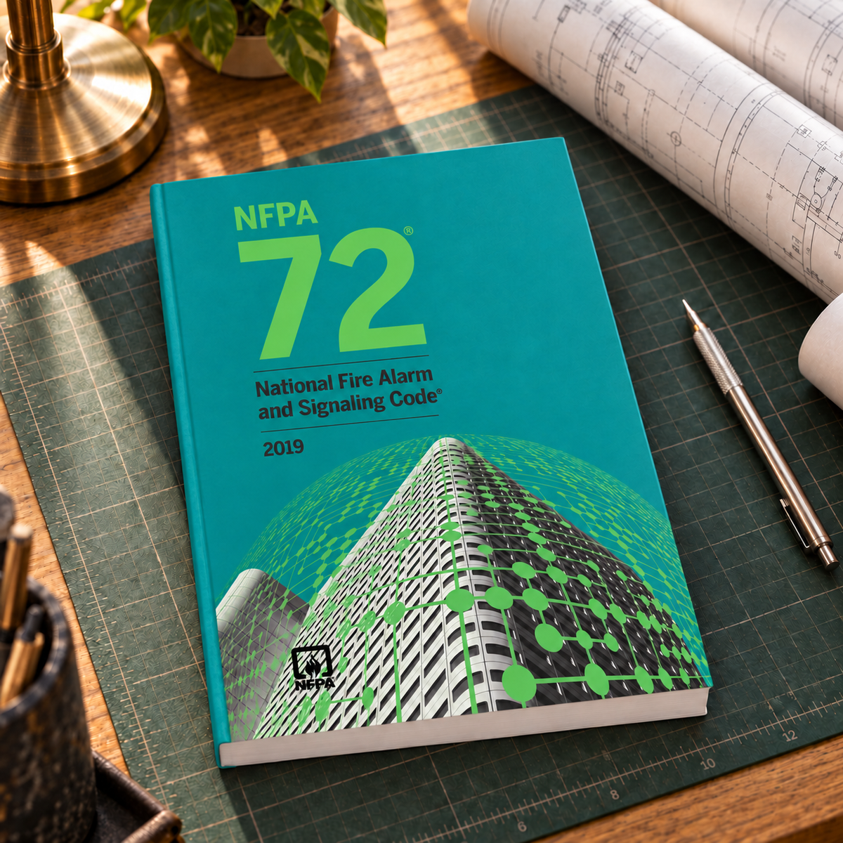 2019 NFPA 72 National Fire Alarm and Signaling Code – Softbound shown on an office drafting desk with a matching cover-colored binding.