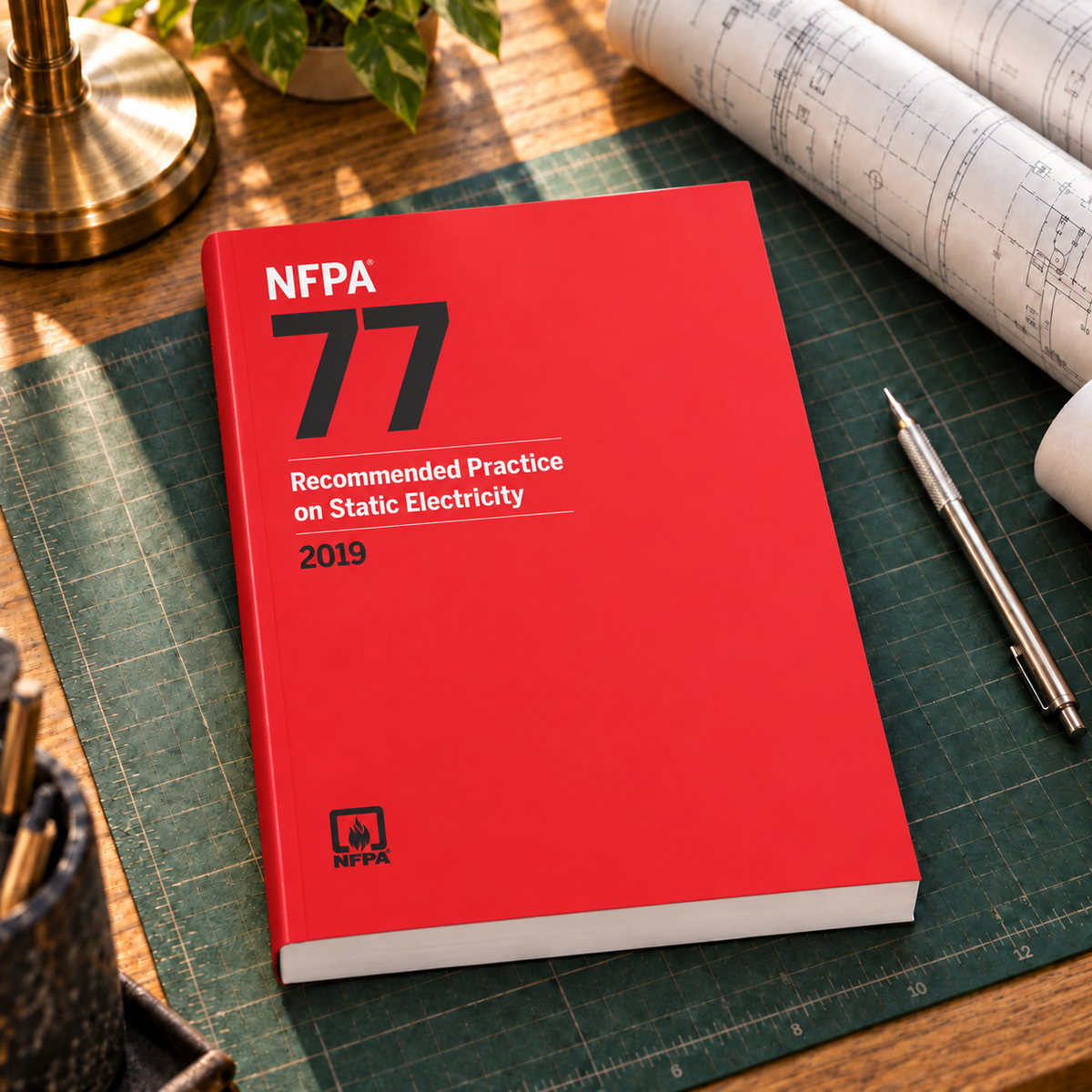 2019 NFPA 77 Recommended Practice on Static Electricity – Softbound shown on an office drafting desk with a matching cover-colored binding.
