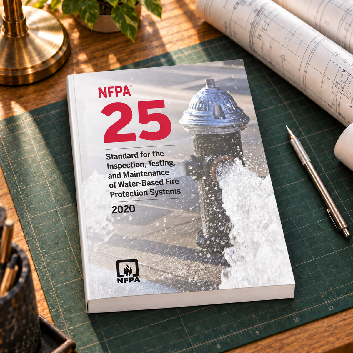 2020 NFPA 25 Standard for the Inspection, Testing, and Maintenance of Water-Based Fire Protection Systems – Softbound shown on an office drafting desk with a matching cover-colored binding.