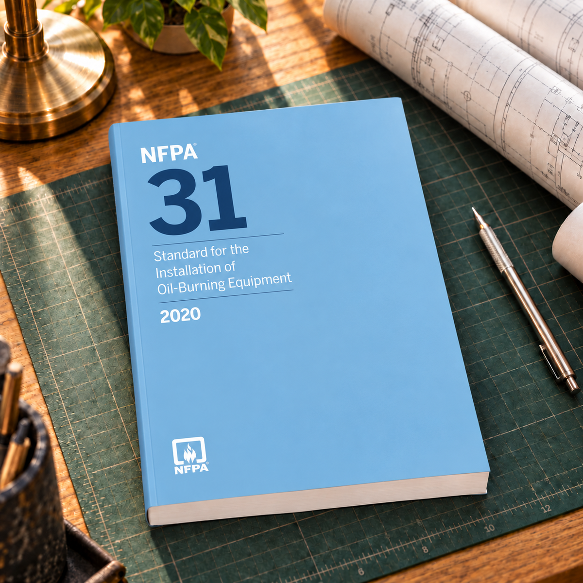 2020 NFPA 31 Standard for the Installation of Oil-Burning Equipment – Softbound shown on an office drafting desk with a matching cover-colored binding.