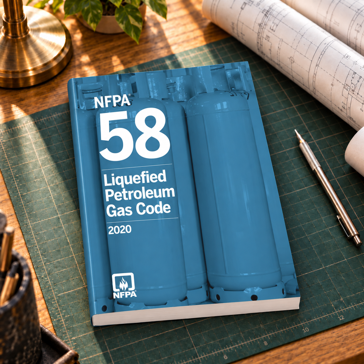 2020 NFPA 58 Liquefied Petroleum Gas Code – Softbound shown on an office drafting desk with a matching cover-colored binding.