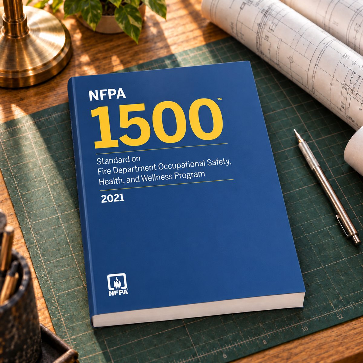 2021 NFPA 1500 Standard on Fire Department Occupational Safety, Health, and Wellness Program – Softbound shown on an office drafting desk with a matching cover-colored binding.
