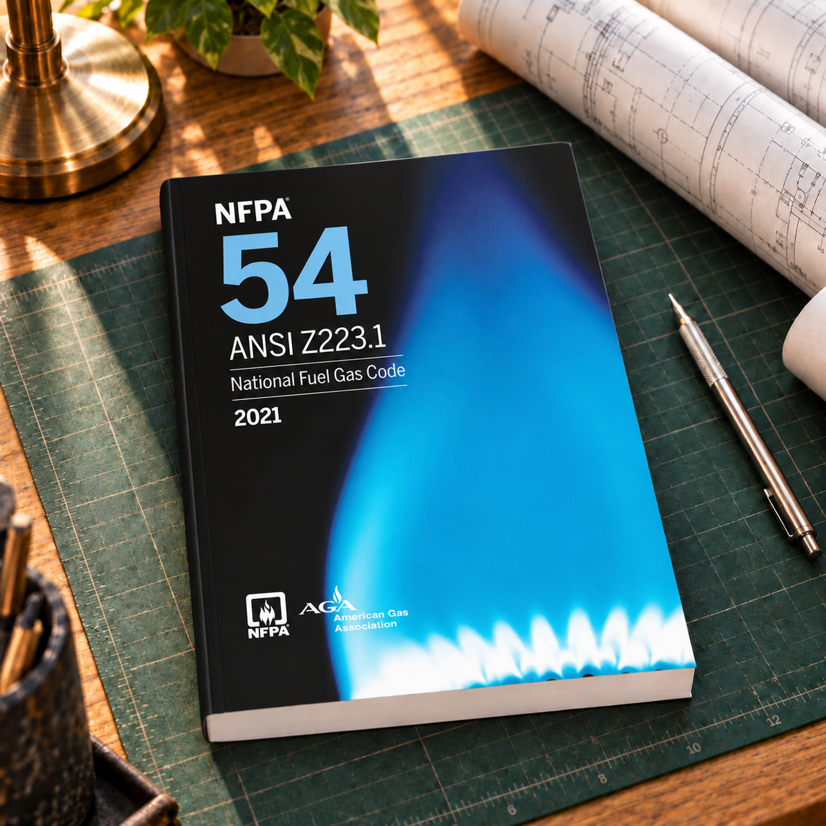 2021 NFPA 54/ANSI Z223.1 National Fuel Gas Code – Softbound shown on an office drafting desk with a matching cover-colored binding.