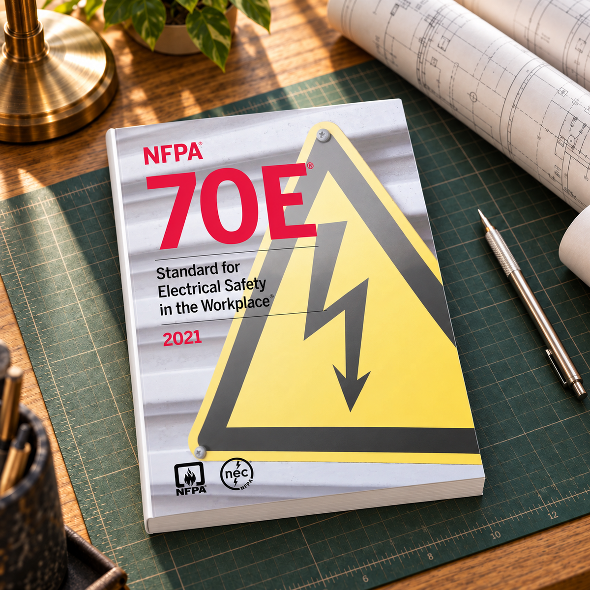 2021 NFPA 70E Standard for Electrical Safety in the Workplace – Softbound shown on an office drafting desk with a matching cover-colored binding.