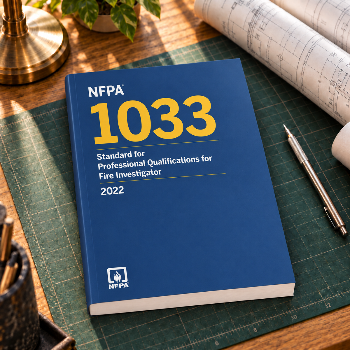 2022 NFPA 1033 Standard for Professional Qualifications for Fire Investigator – Softbound shown on an office drafting desk with a matching cover-colored binding.