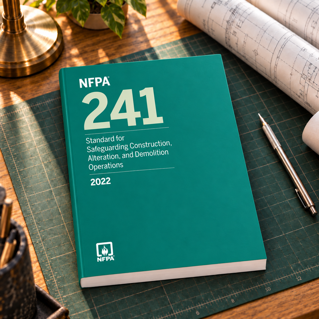 2022 NFPA 241 Standard for Safeguarding Construction, Alteration, and Demolition Operations – Softbound shown on an office drafting desk with a matching cover-colored binding.