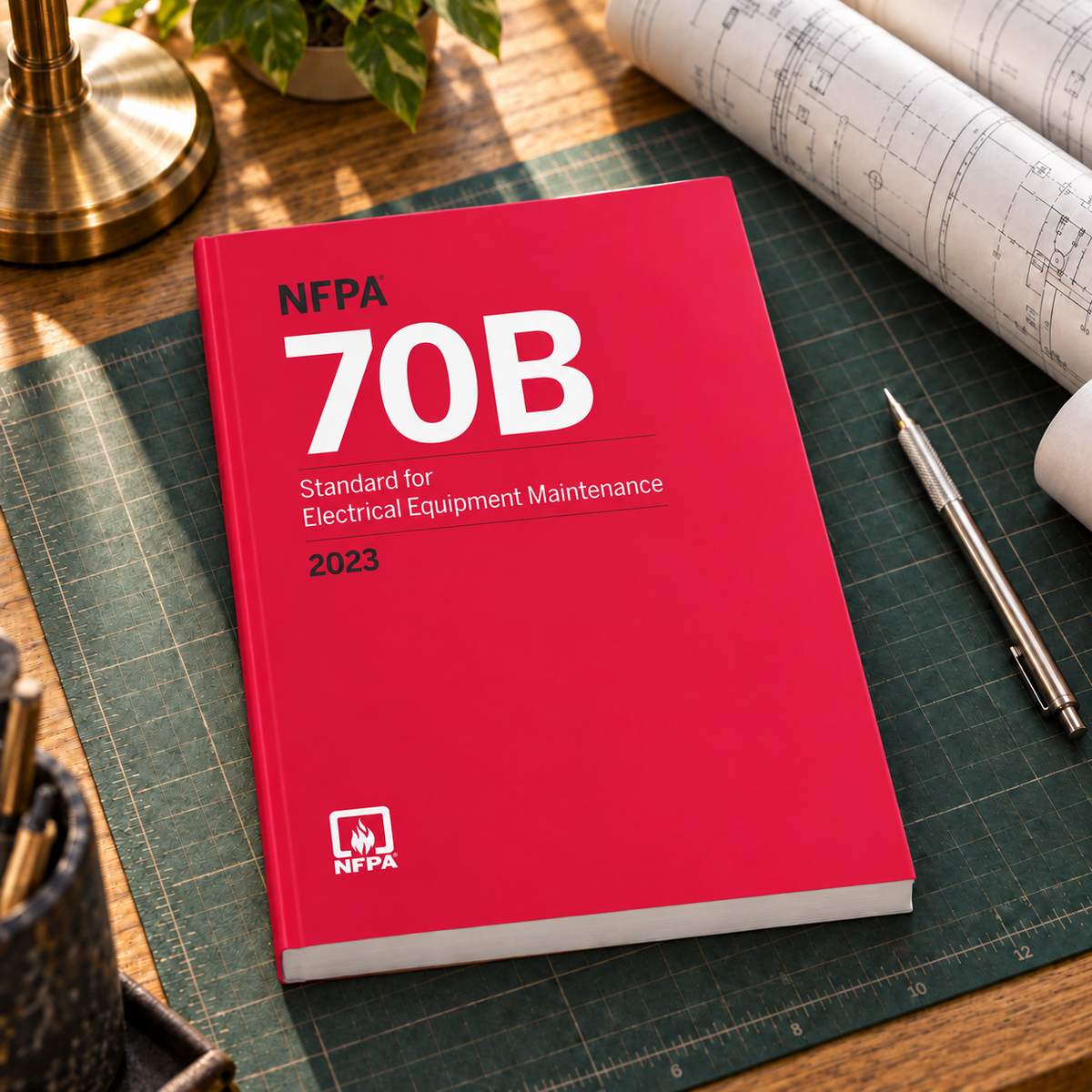 2023 NFPA 70B Standard for Electrical Equipment Maintenance – Softbound shown on an office drafting desk with a matching cover-colored binding.