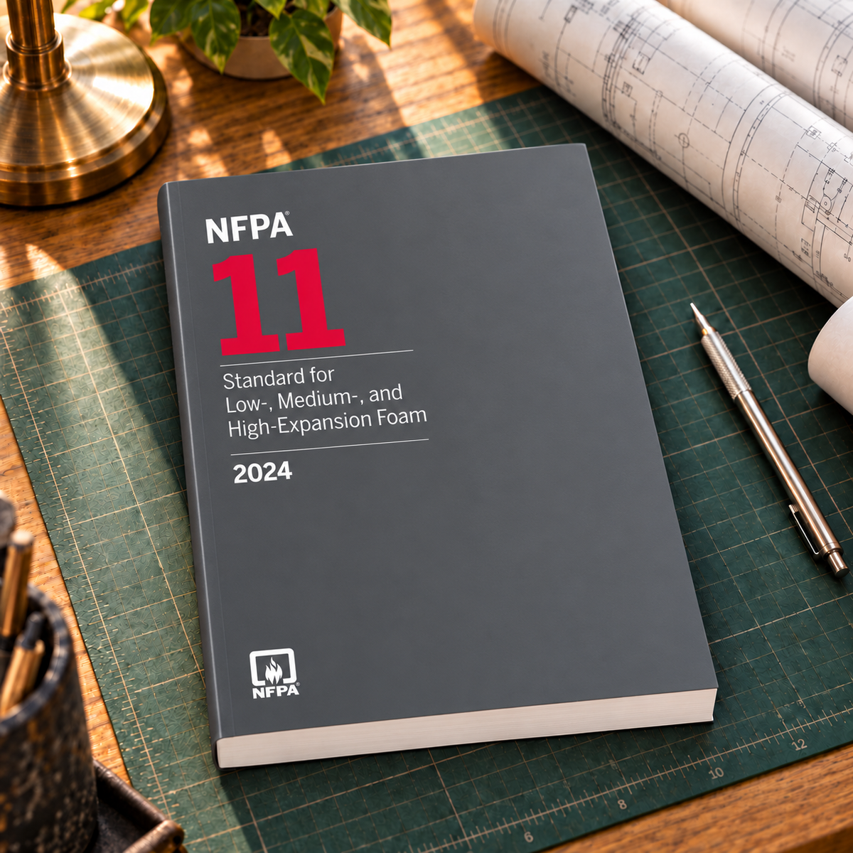 2024 NFPA 11 Standard for Low-, Medium, and High-Expansion Foam – Softbound shown on an office drafting desk with a matching cover-colored binding.