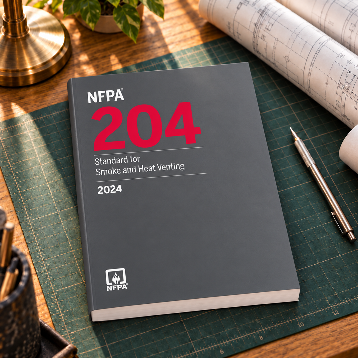2024 NFPA 204 Standard for Smoke and Heat Venting – Softbound shown on an office drafting desk with a matching cover-colored binding.