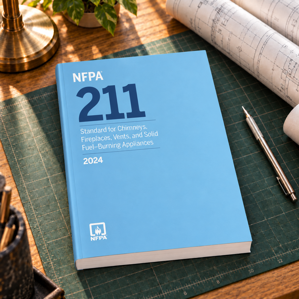 2024 NFPA 211 Standard for Chimneys, Fireplaces, Vents, and Solid Fuel-Burning Appliances – Softbound shown on an office drafting desk with a matching cover-colored binding.