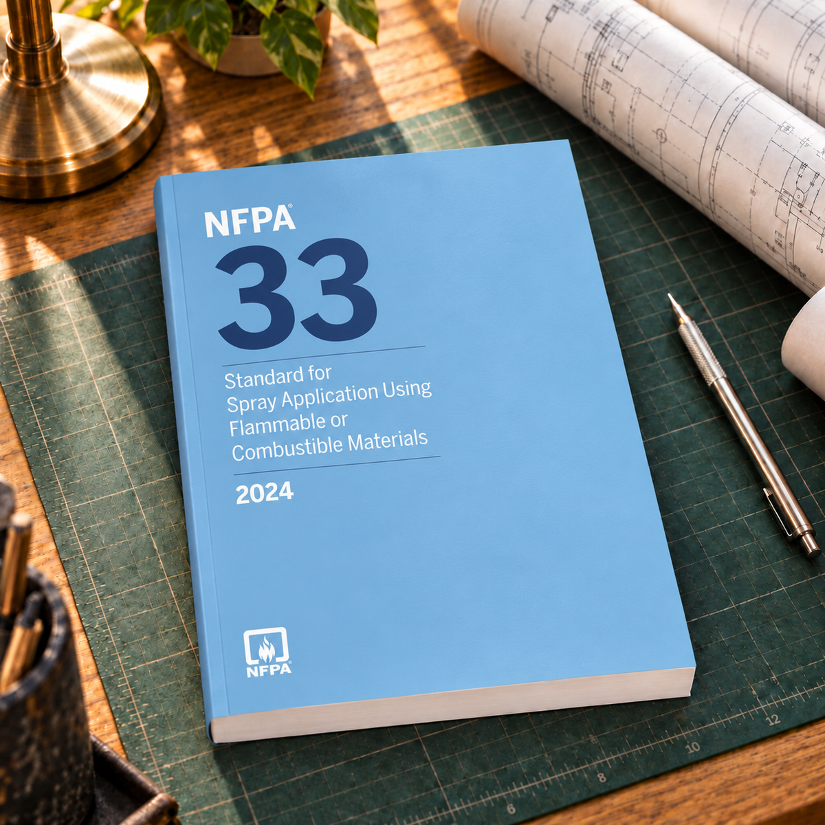 2024 NFPA 33 Standard Spray Application Using Flammable or Combustible Materials – Softbound shown on an office drafting desk with a matching cover-colored binding.