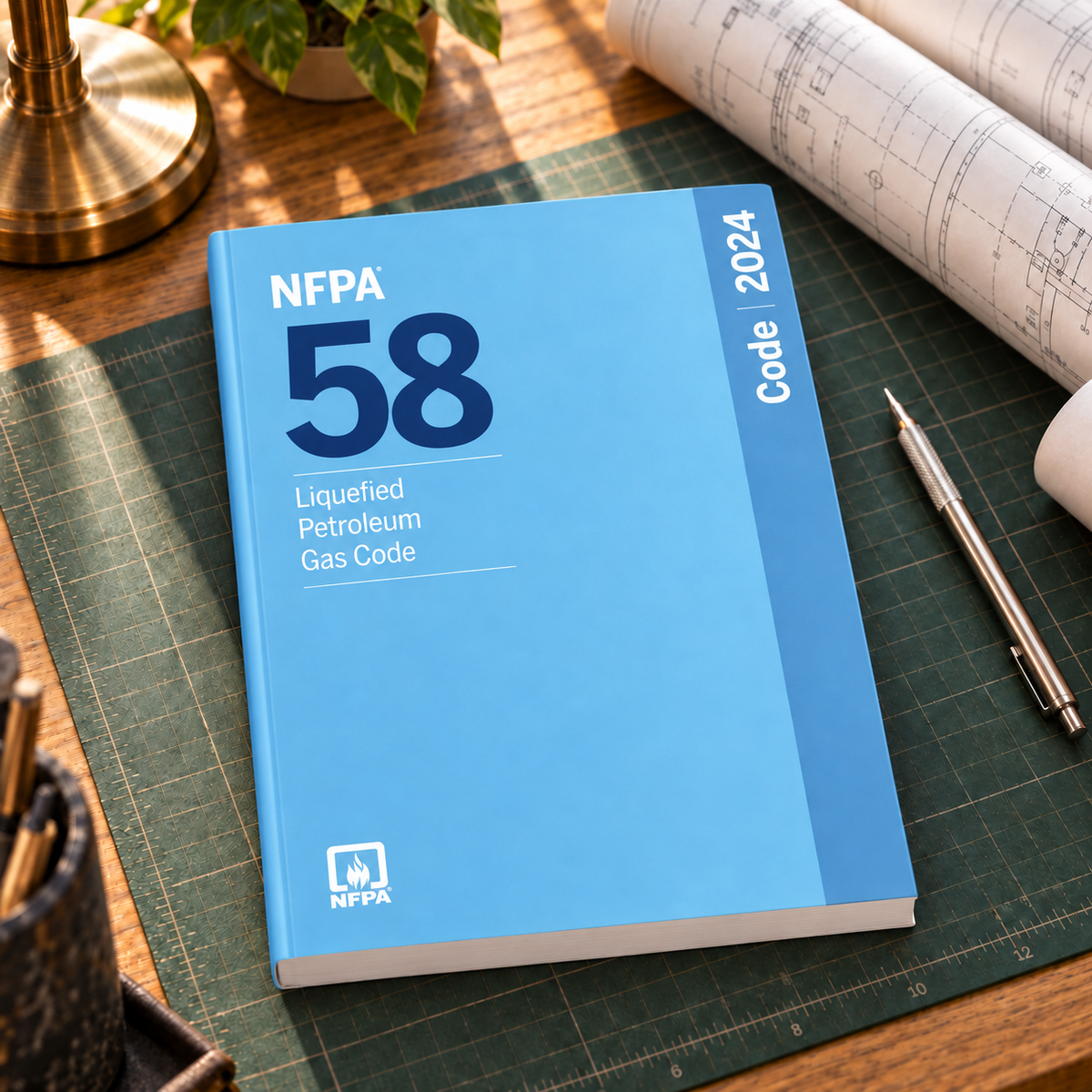 2024 NFPA 58 Liquefied Petroleum Gas Code – Softbound shown on an office drafting desk with a matching cover-colored binding.