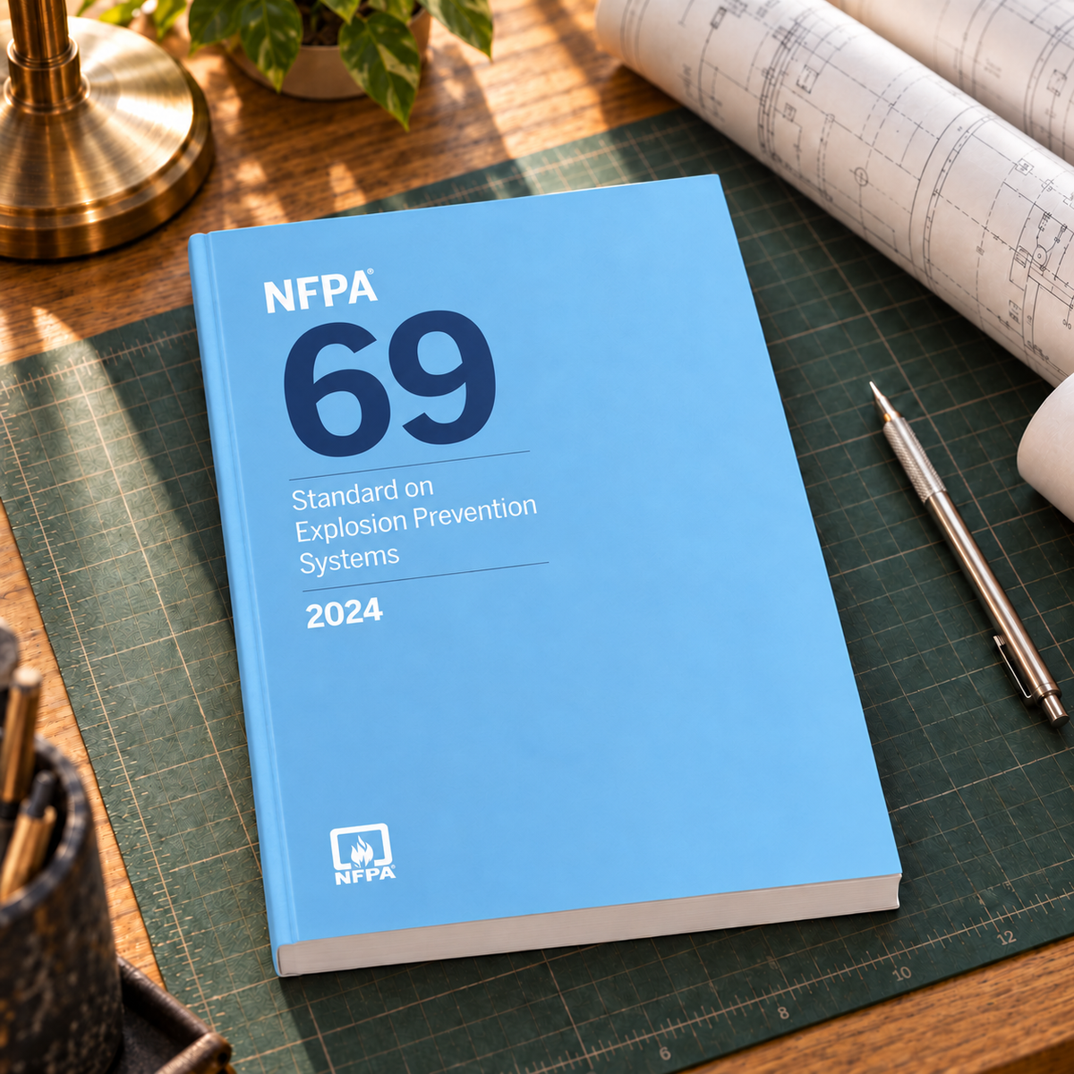 2024 NFPA 69 Standard on Explosion Prevention Systems – Softbound shown on an office drafting desk with a matching cover-colored binding.