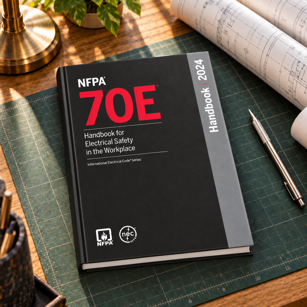 2024 NFPA 70E Standard for Electrical Safety in the Workplace Handbook – Hardcover shown on an office drafting desk with a matching cover-colored binding.