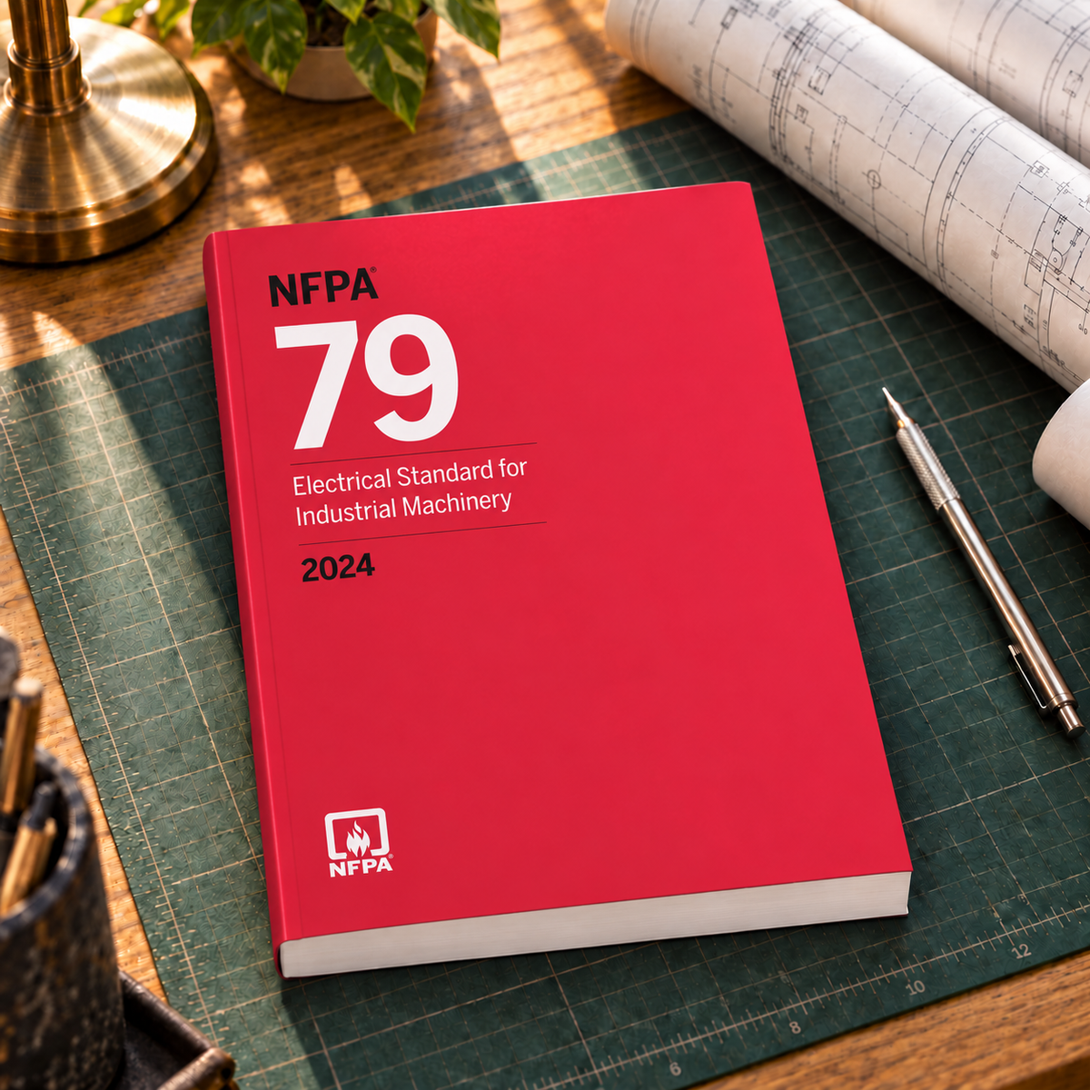 2024 NFPA 79 Electrical Standard for Industrial Machinery – Softbound shown on an office drafting desk with a matching cover-colored binding.