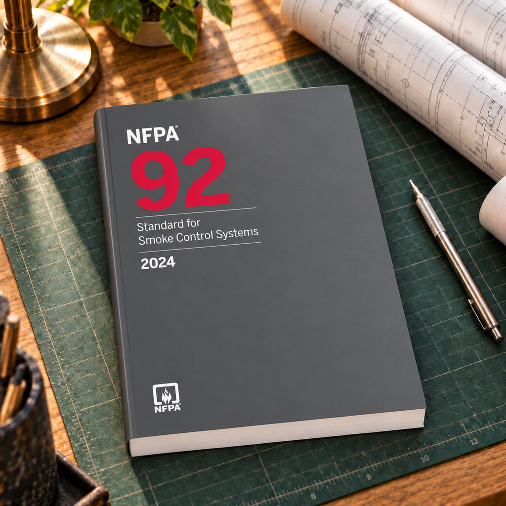 2024 NFPA 92 Standard for Smoke Control Systems – Softbound shown on an office drafting desk with a matching cover-colored binding.
