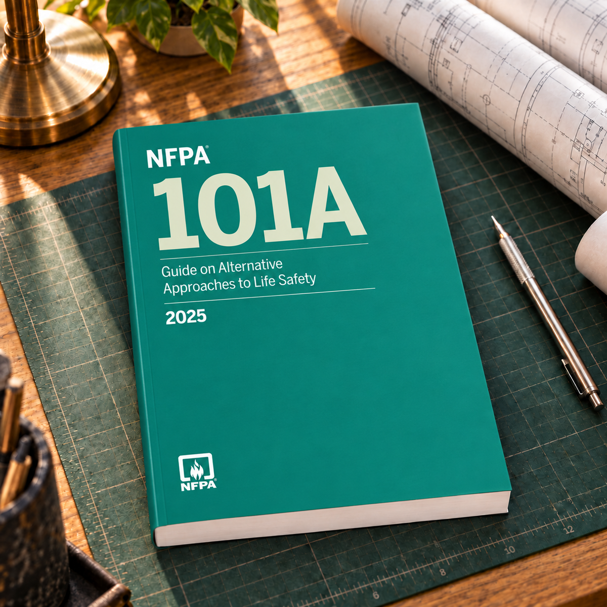 2025 NFPA 101A Guide on Alternative Approaches to Life Safety – Softbound shown on an office drafting desk with a matching cover-colored binding.