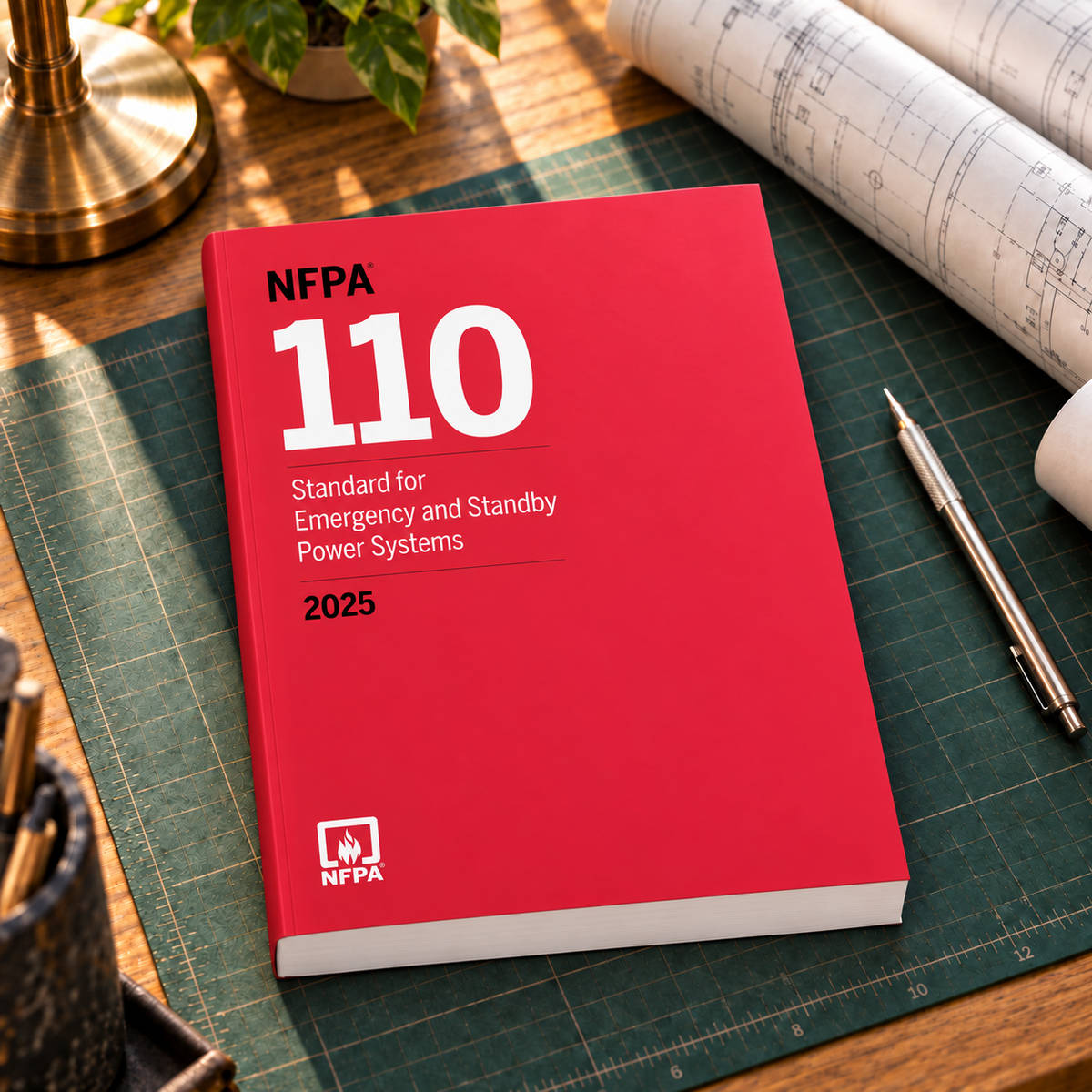 2025 NFPA 110 Standard for Emergency and Standby Power Systems – Softbound shown on an office drafting desk with a matching cover-colored binding.
