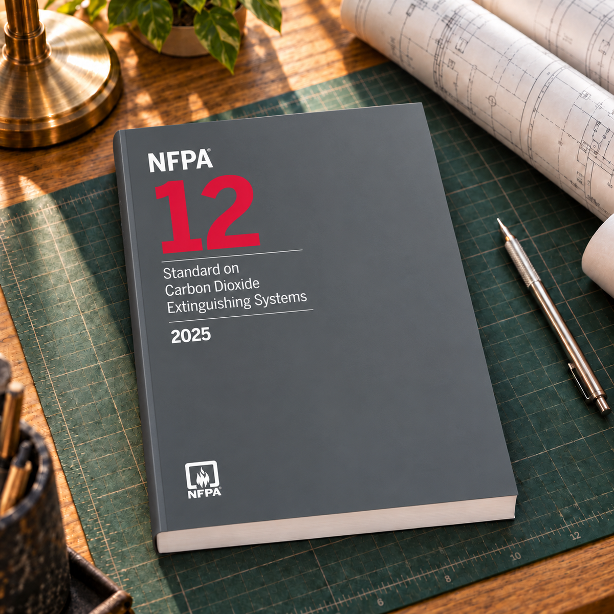 2025 NFPA 12 Standard on Carbon Dioxide Extinguishing Systems – Softbound shown on an office drafting desk with a matching cover-colored binding.