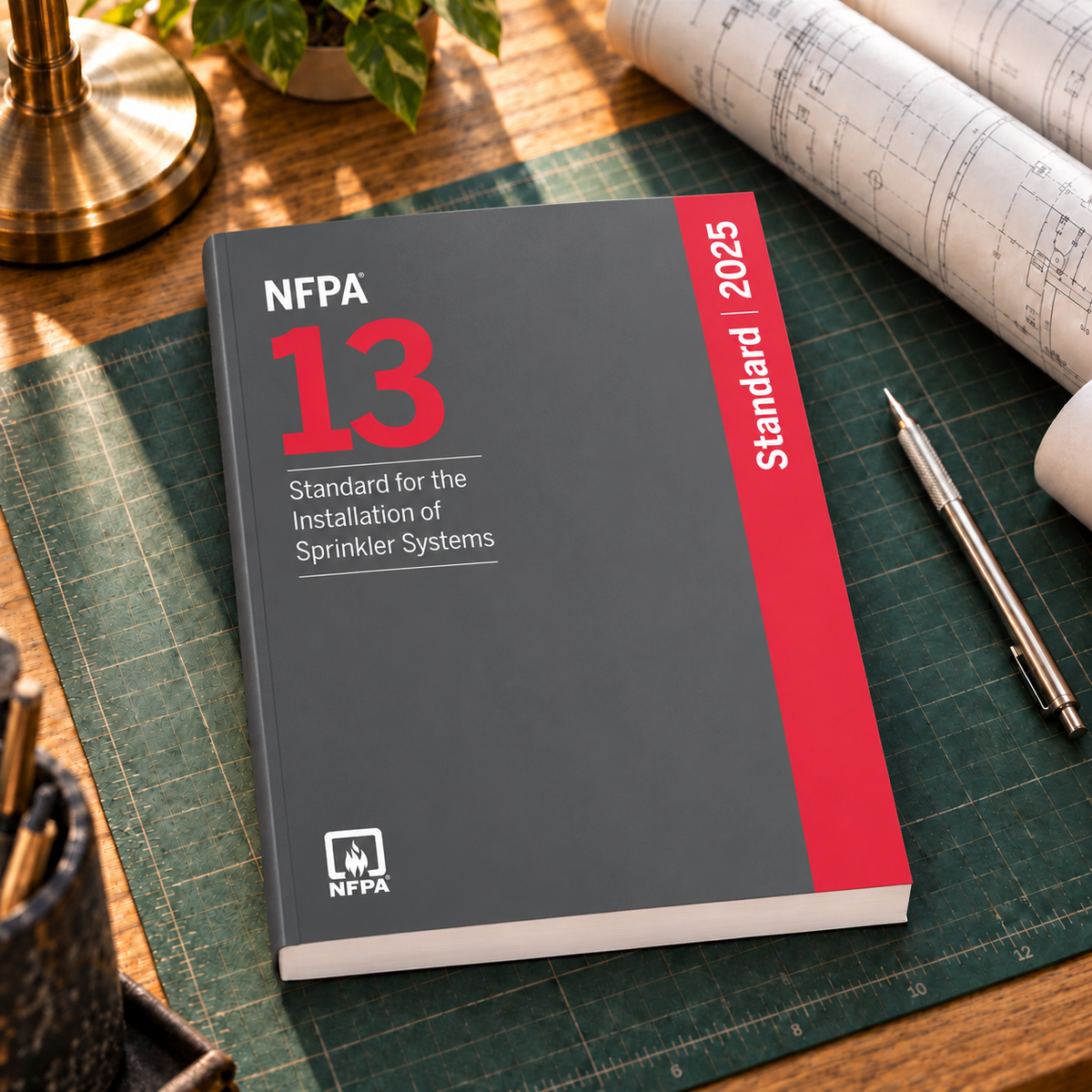 2025 NFPA 13 Standard for the Installation of Sprinkler Systems – Softbound shown on an office drafting desk with a matching cover-colored binding.