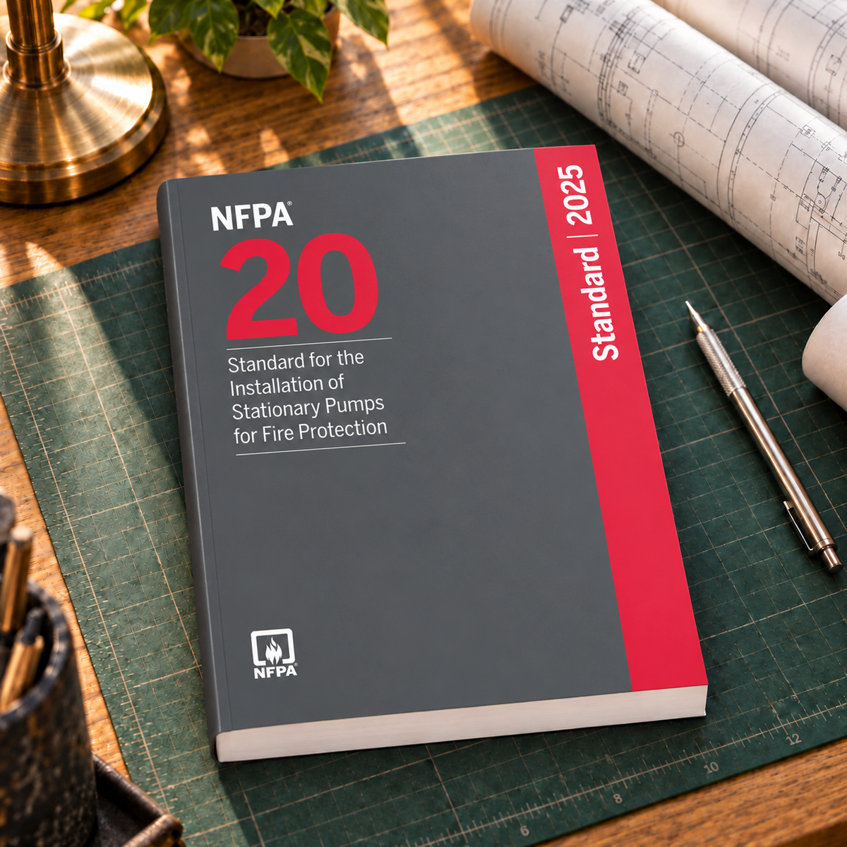 2025 NFPA 20 Standard for the Installation of Stationary Pumps for Fire Protection – Softbound shown on an office drafting desk with a matching cover-colored binding.