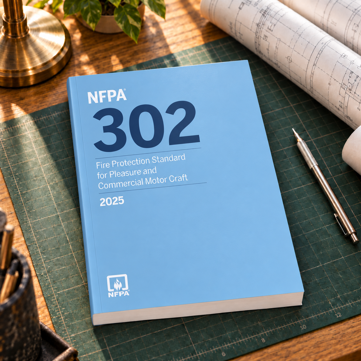 2025 NFPA 302 Fire Protection Standard for Pleasure and Commercial Motor Craft – Softbound shown on an office drafting desk with a matching cover-colored binding.