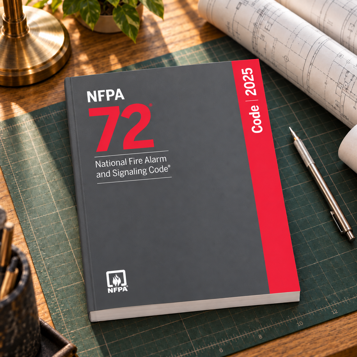 2025 NFPA 72 National Fire Alarm and Signaling Code – Softbound shown on an office drafting desk with a matching cover-colored binding.
