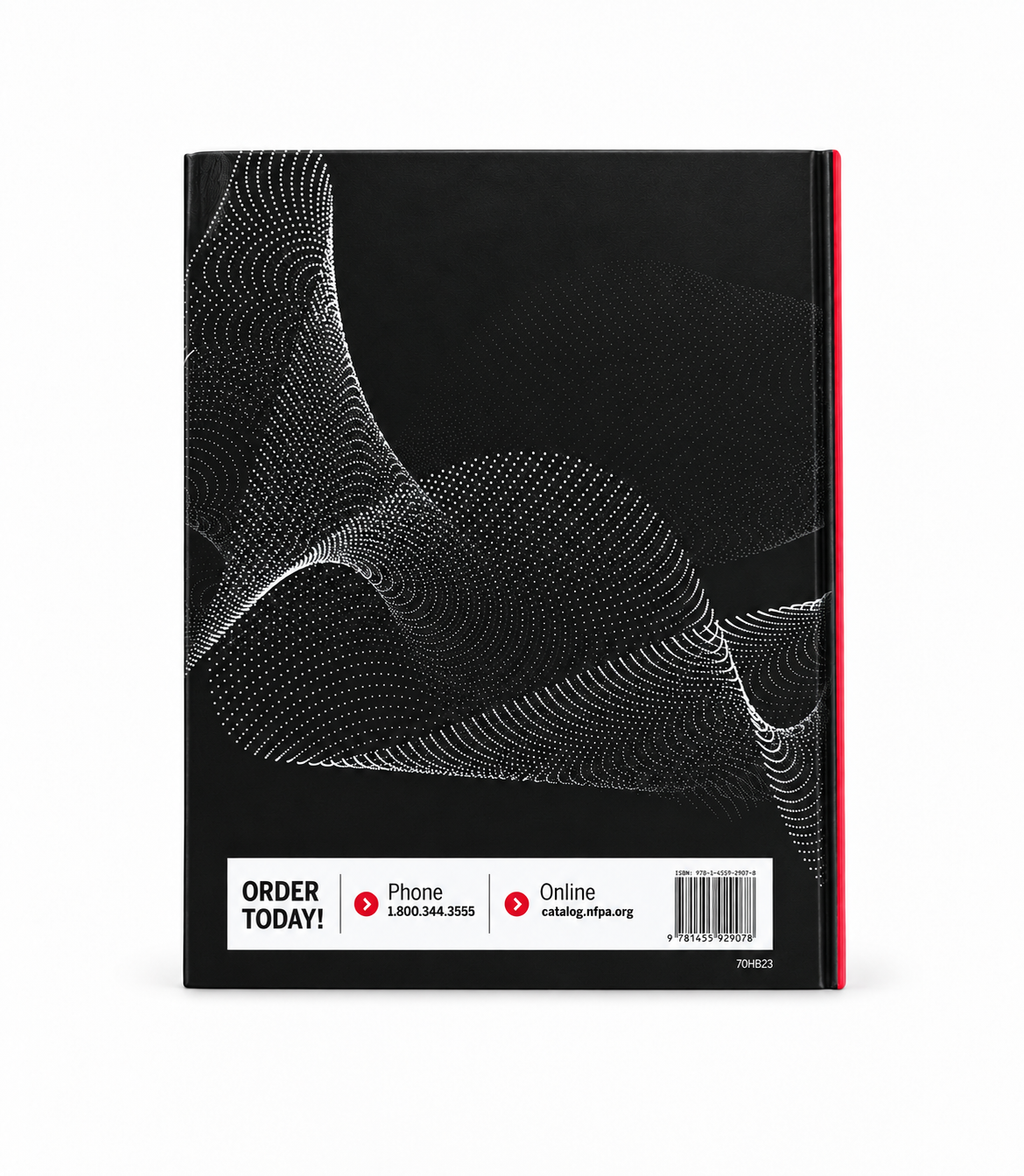 2023 NFPA 70 National Electrical Code Handbook hardcover — back cover, professionally retouched on white.