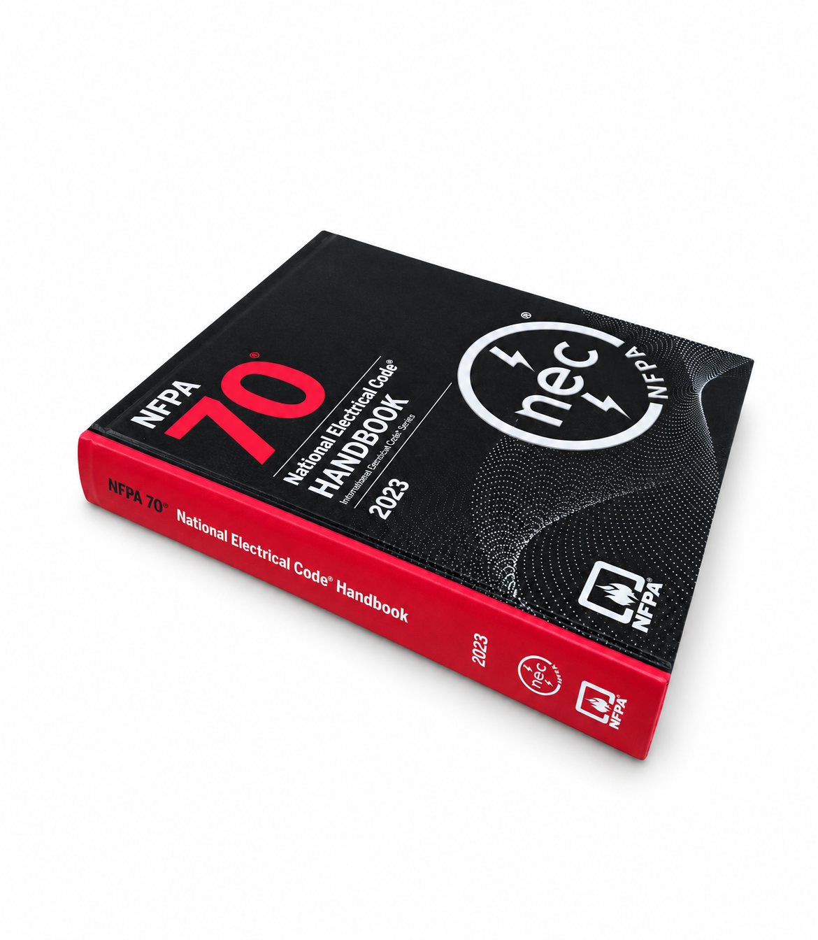 2023 NFPA 70 National Electrical Code Handbook hardcover — front cover and red binding at an angle, professionally retouched on white.