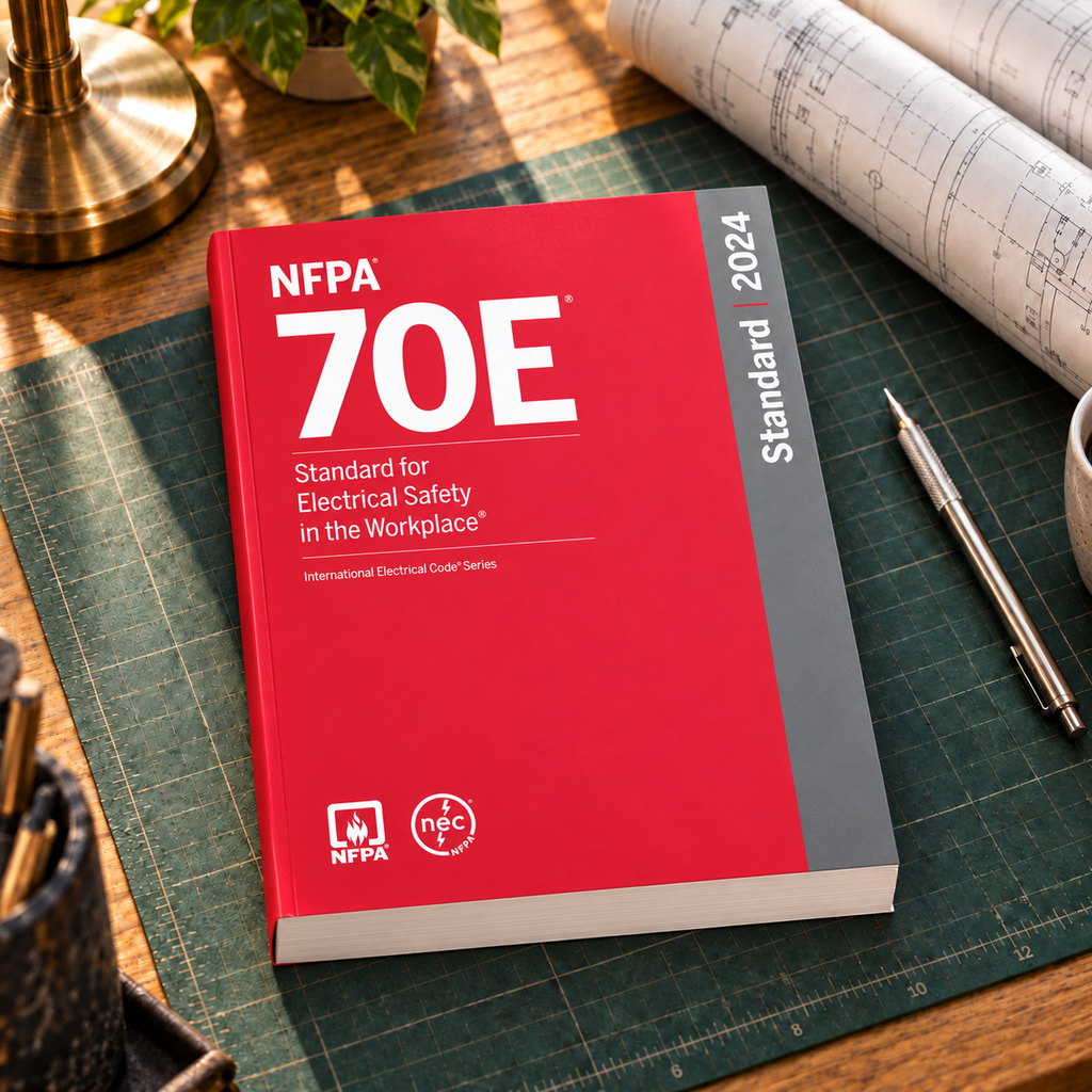 2024 NFPA 70E Standard for Electrical Safety in the Workplace – Softbound shown on an office drafting desk with its original cover design and matching binding.