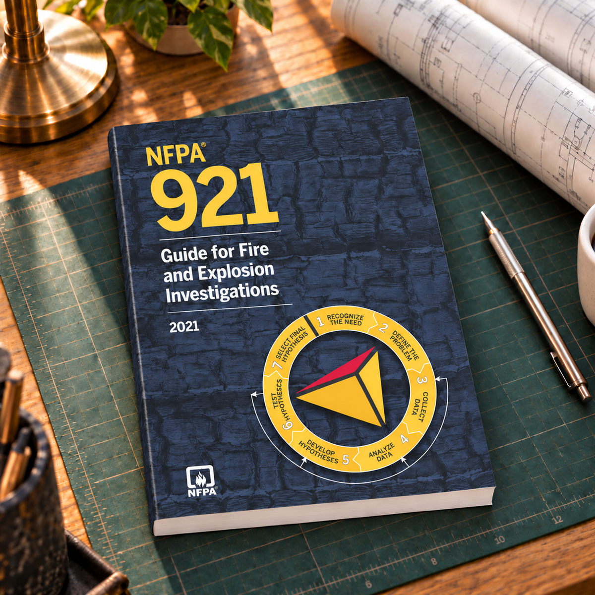 2021 NFPA 921 Guide for Fire and Explosion Investigations – Softbound shown on an office drafting desk with a matching cover-colored binding.