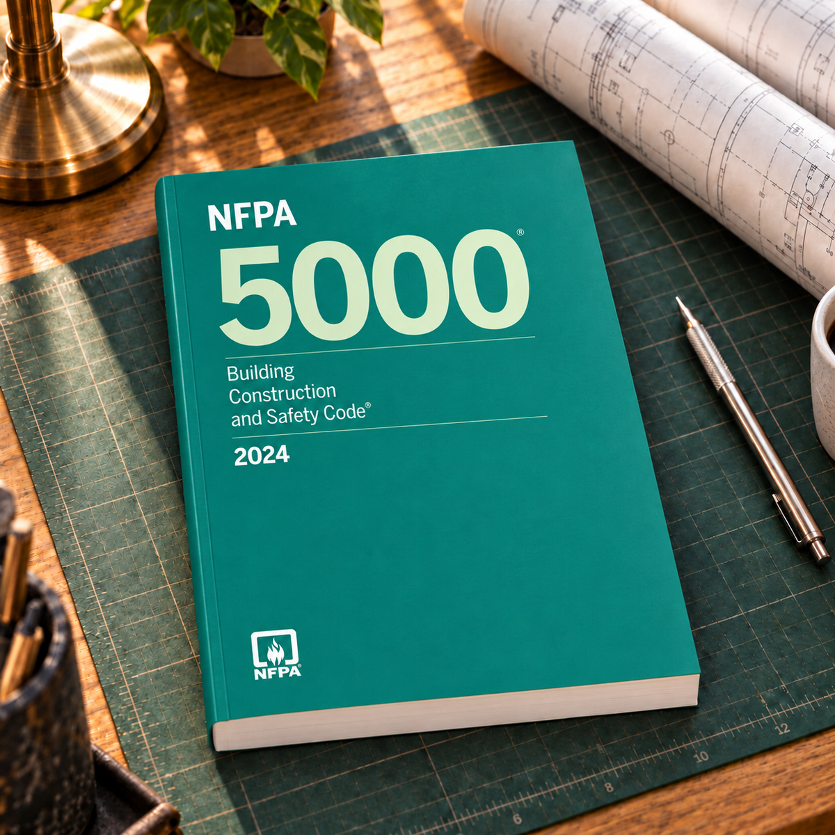 2024 NFPA 5000 Building Construction and Safety Code – Softbound shown on an office drafting desk with its original cover design and matching binding.