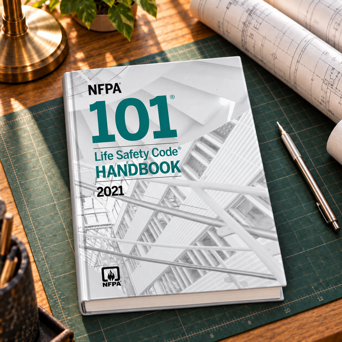 2021 NFPA 101 Life Safety Code Handbook – Hardcover shown on an office drafting desk with its original cover design and matching binding.