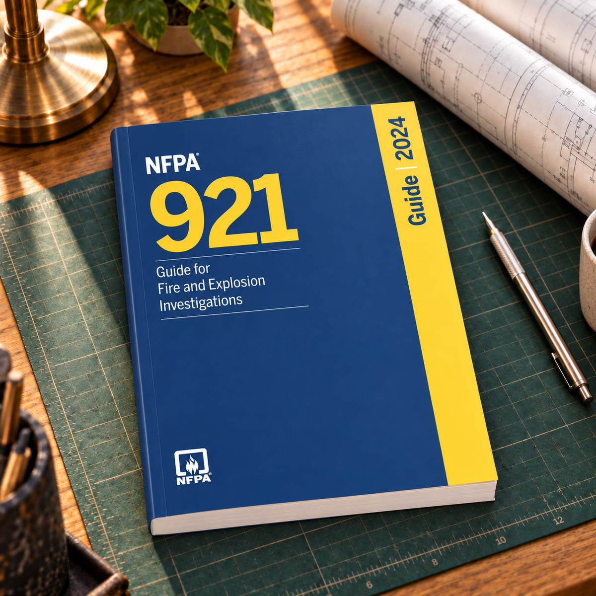 2024 NFPA 921 Guide for Fire and Explosion Investigations – Softbound shown on an office drafting desk with a matching cover-colored binding.