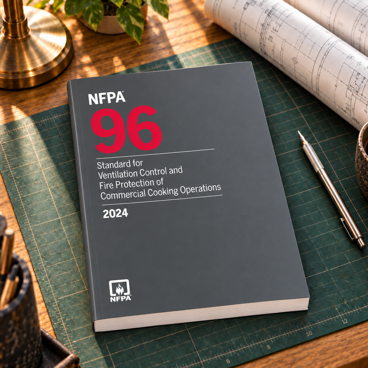 2024 NFPA 96 Standard for Ventilation Control and Fire Protection of Commercial Cooking Operations – Softbound shown on an office drafting desk with a matching cover-colored binding.