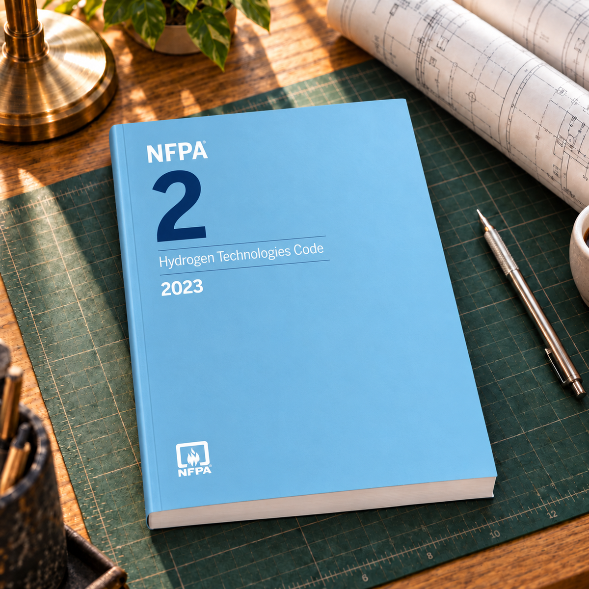 2023 NFPA 2 Hydrogen Technologies Code – Softbound shown on an office drafting desk with its original cover design and matching binding.
