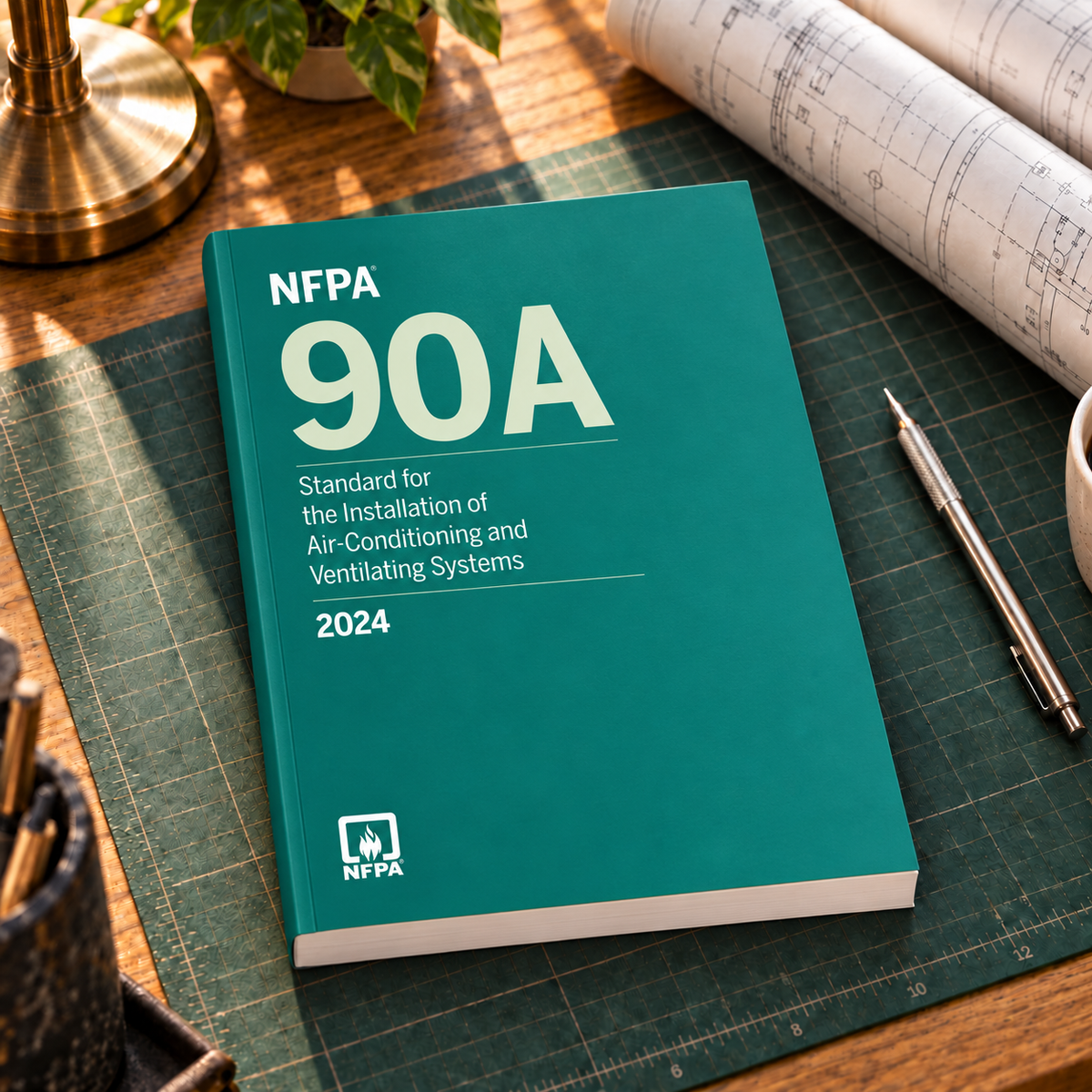 2024 NFPA 90A Standard for the Installation of Air-Conditioning and Ventilating Systems – Softbound shown on an office drafting desk with a matching cover-colored binding.