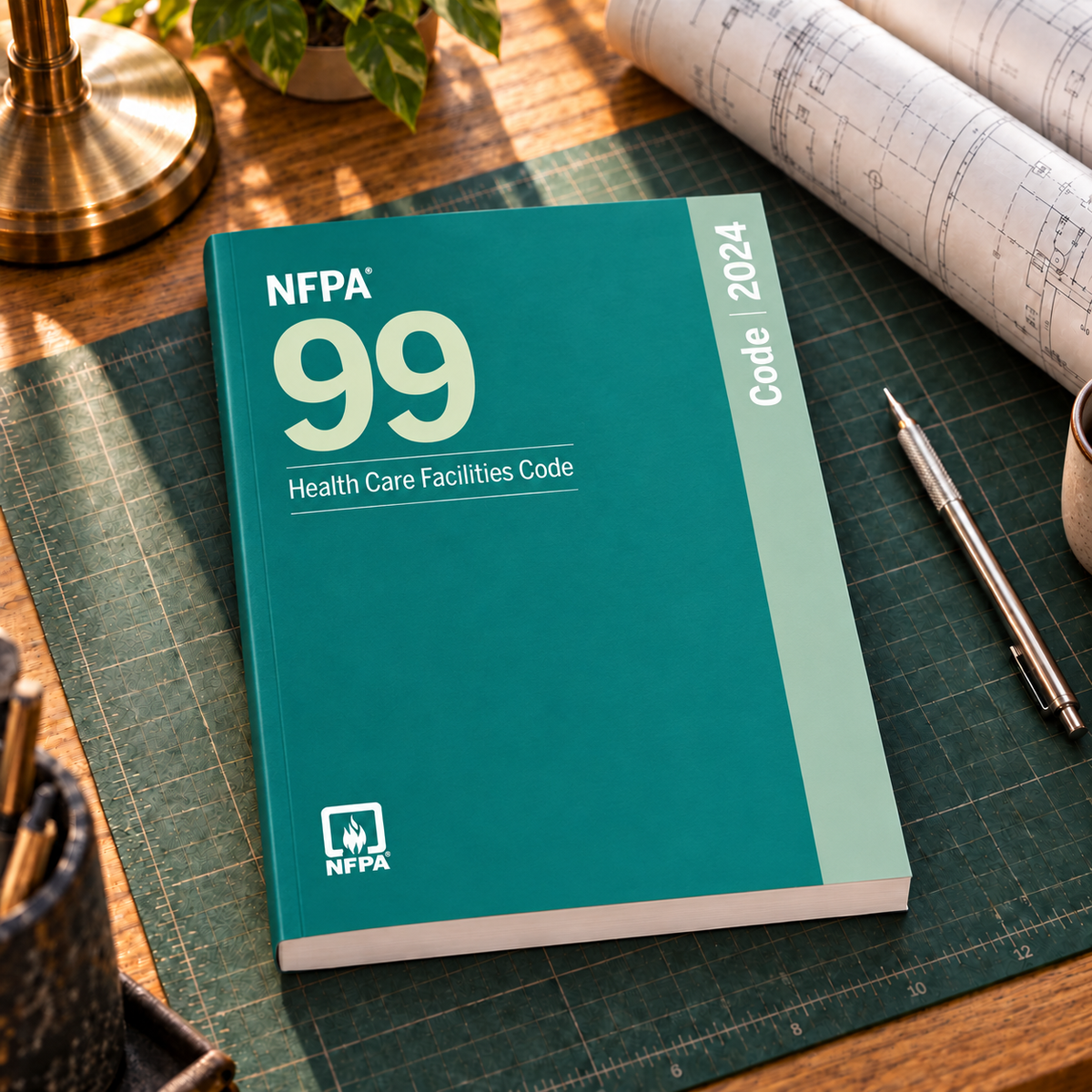 2024 NFPA 99 Health Care Facilities Code – Softbound shown on an office drafting desk with a matching cover-colored binding.