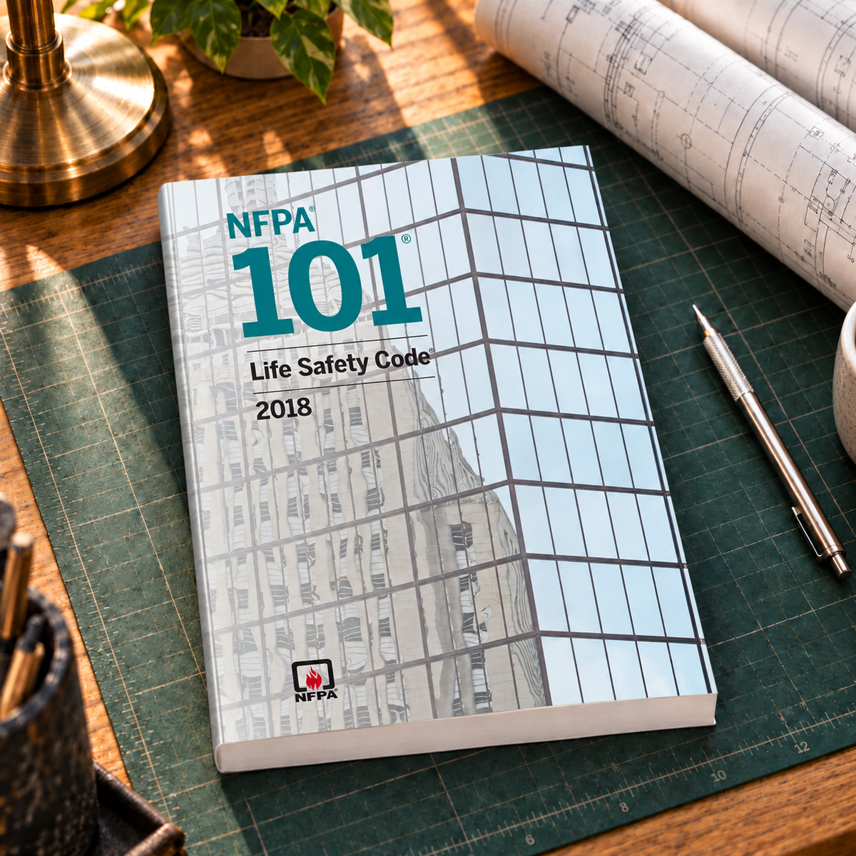 2018 NFPA 101 Life Safety Code – Softbound shown on an office drafting desk with its original cover design and matching binding.