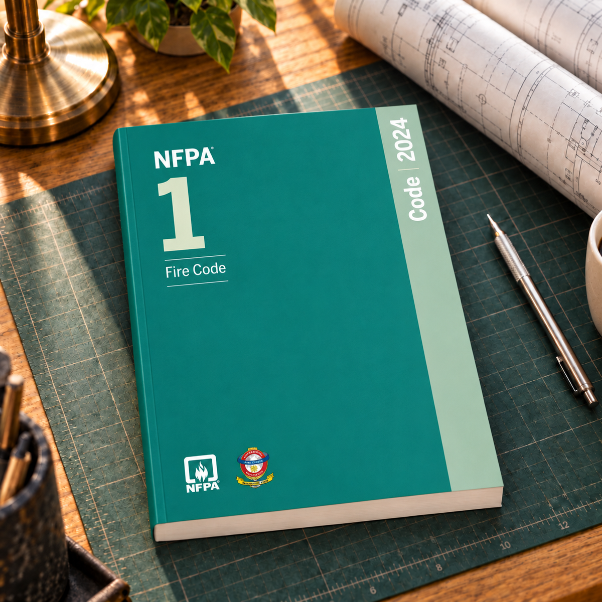 2024 NFPA 1 Fire Code – Softbound shown on an office drafting desk with a matching cover-colored binding.