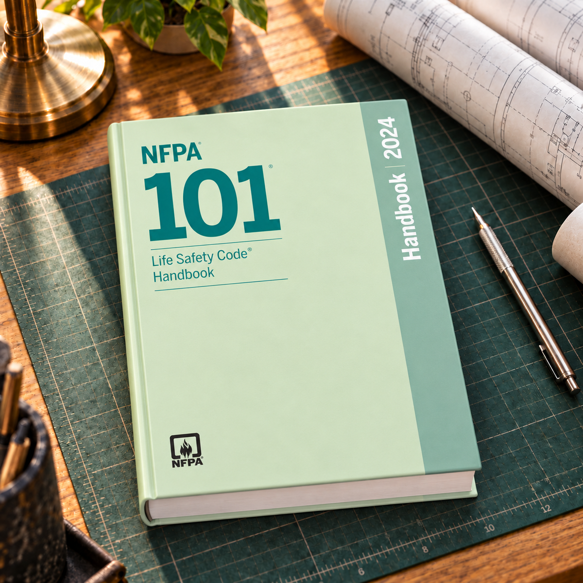 2024 NFPA 101 Life Safety Code Handbook – Hardcover shown on an office drafting desk with a matching cover-colored binding.