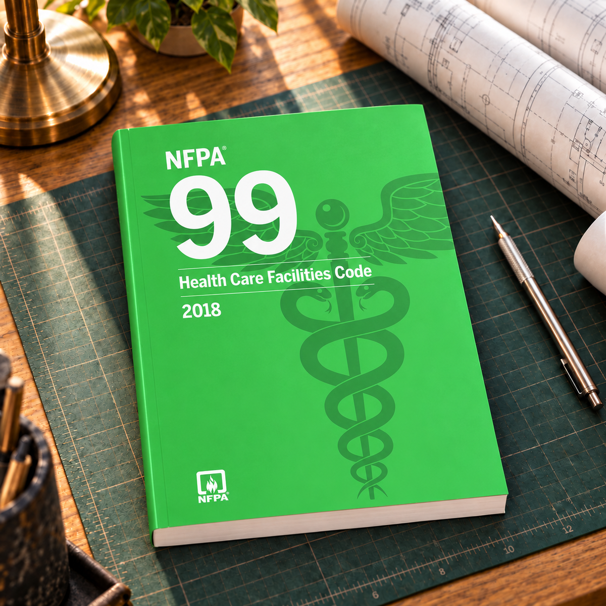 2018 NFPA 99 Health Care Facilities Code – Softbound shown on an office drafting desk with a matching cover-colored binding.