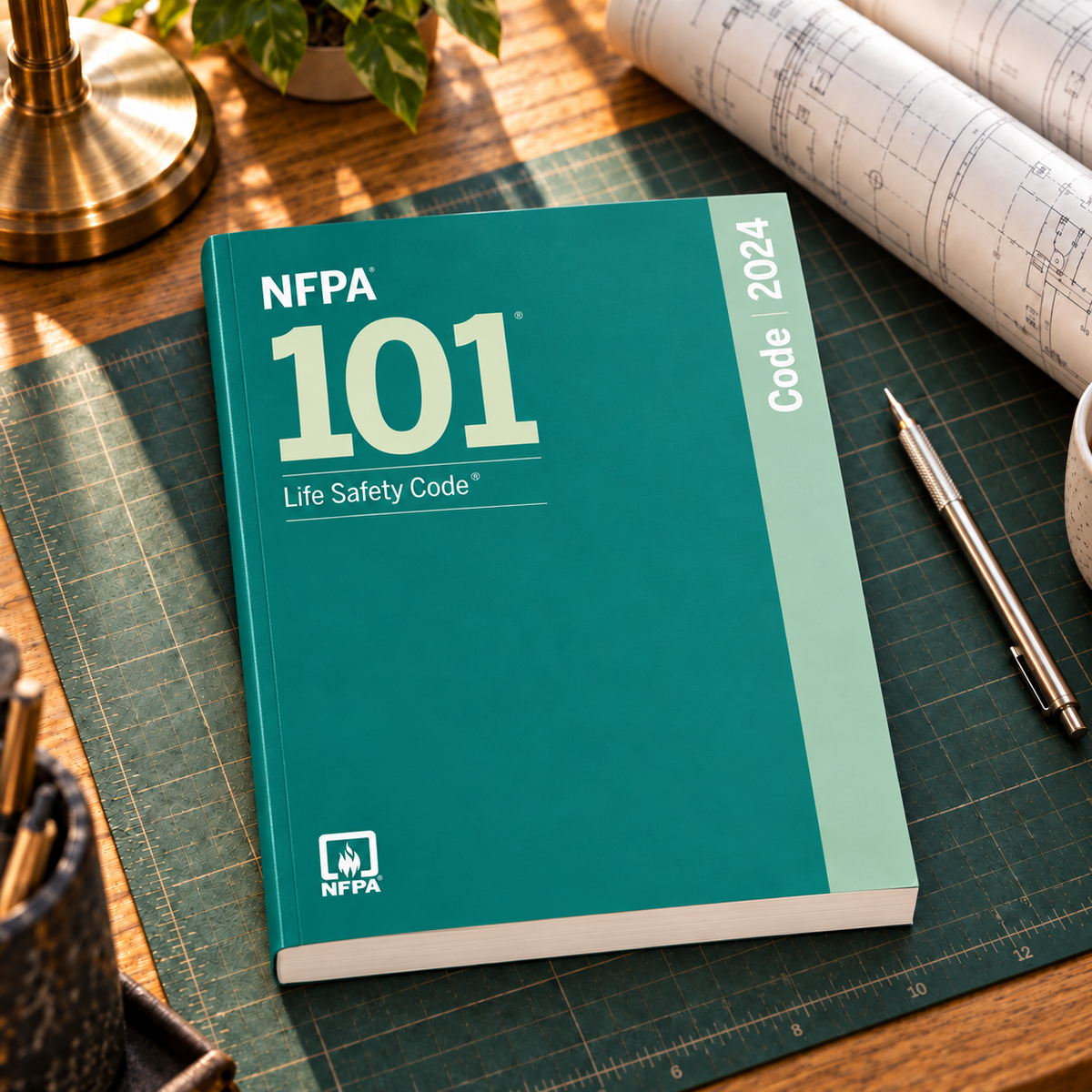 2024 NFPA 101 Life Safety Code – Softbound shown on an office drafting desk with a matching cover-colored binding.