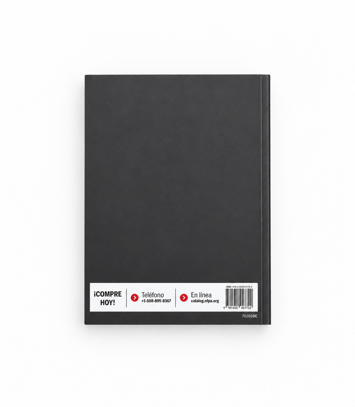 2020 NFPA 70 Código Eléctrico Nacional Spanish softbound book lying face down, back cover viewed from directly above on white.