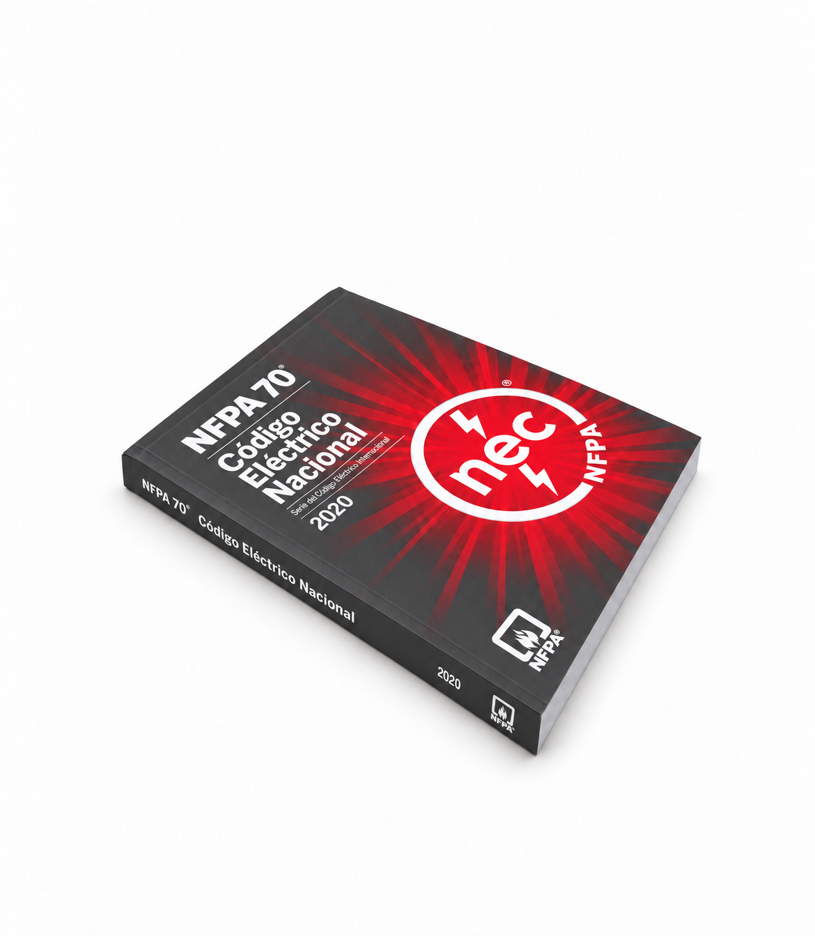 2020 NFPA 70 Código Eléctrico Nacional Spanish softbound book lying face up at a 45-degree camera angle, with prominent red sunburst and charcoal binding on white.